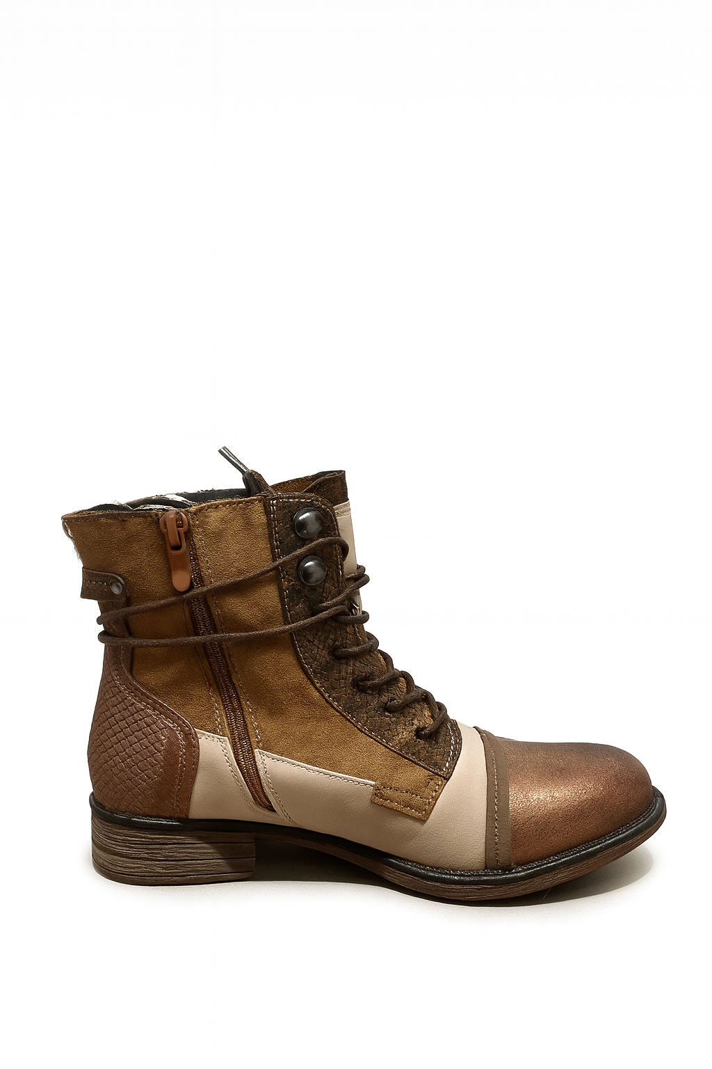 Boots à lacets femme Naomi – Multimatières avec zip (Marron ou Argenté)