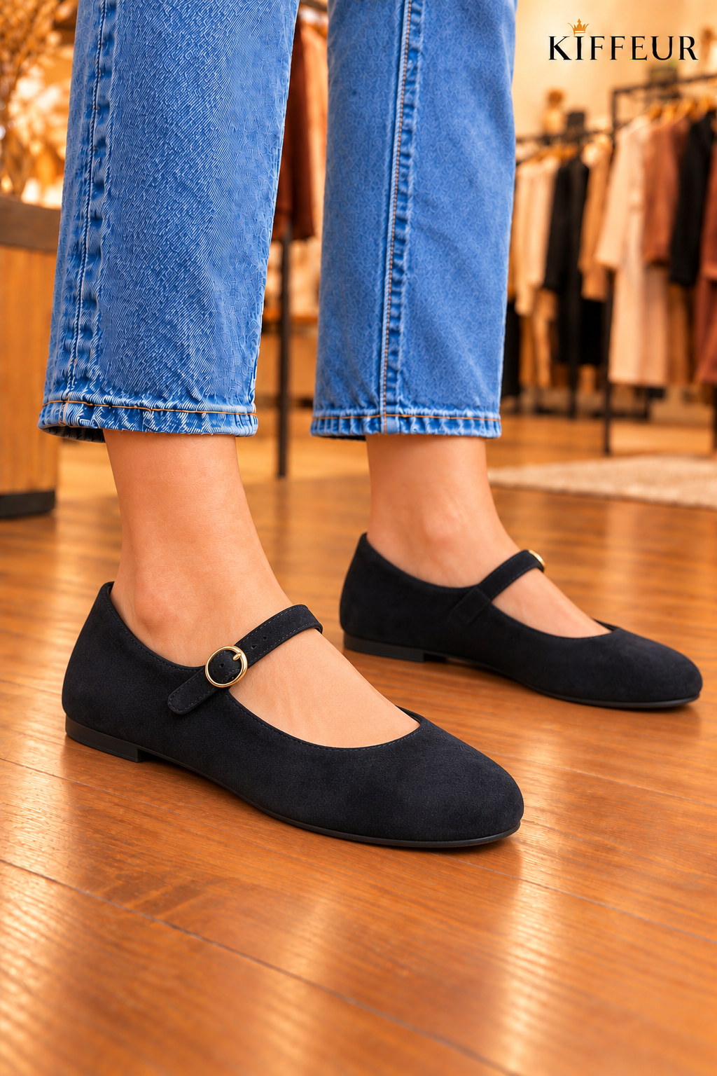 Ballerines femme noires effet suédé avec bride et boucle dorée ronde – KIFFEUR
