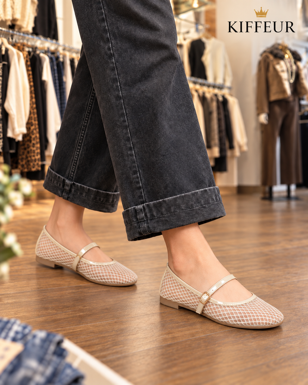 Ballerines résille beige à bride femme KIFFEUR
