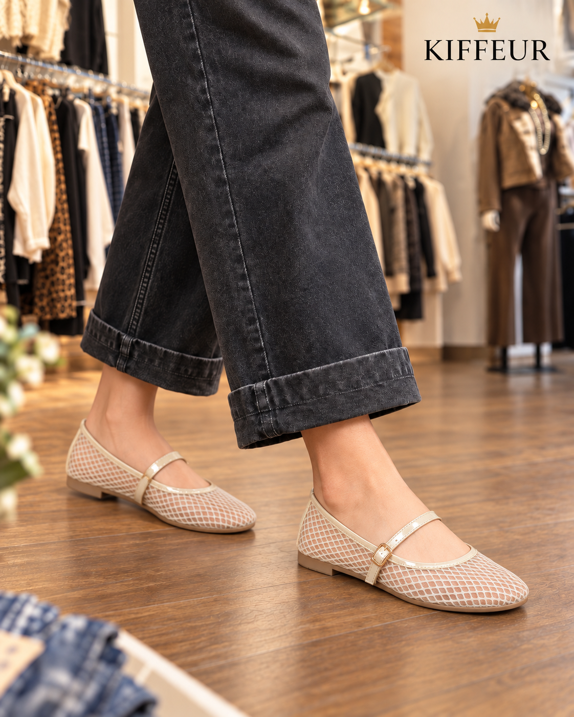 Ballerines résille beige à bride femme KIFFEUR