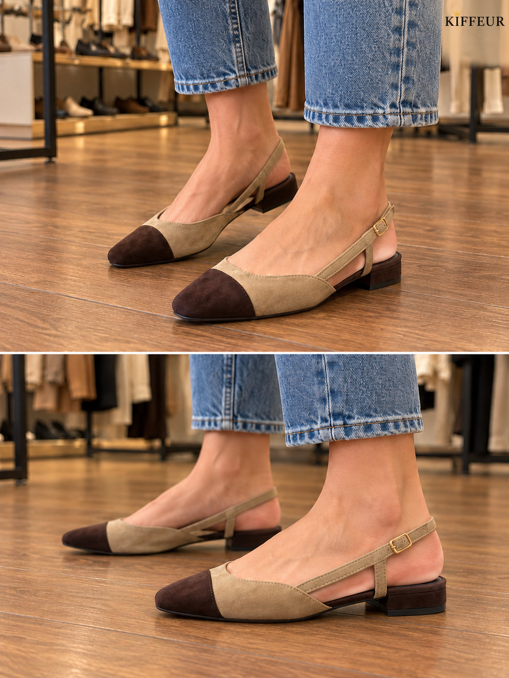 Ballerines slingback femme marron et beige portées - KIFFEUR