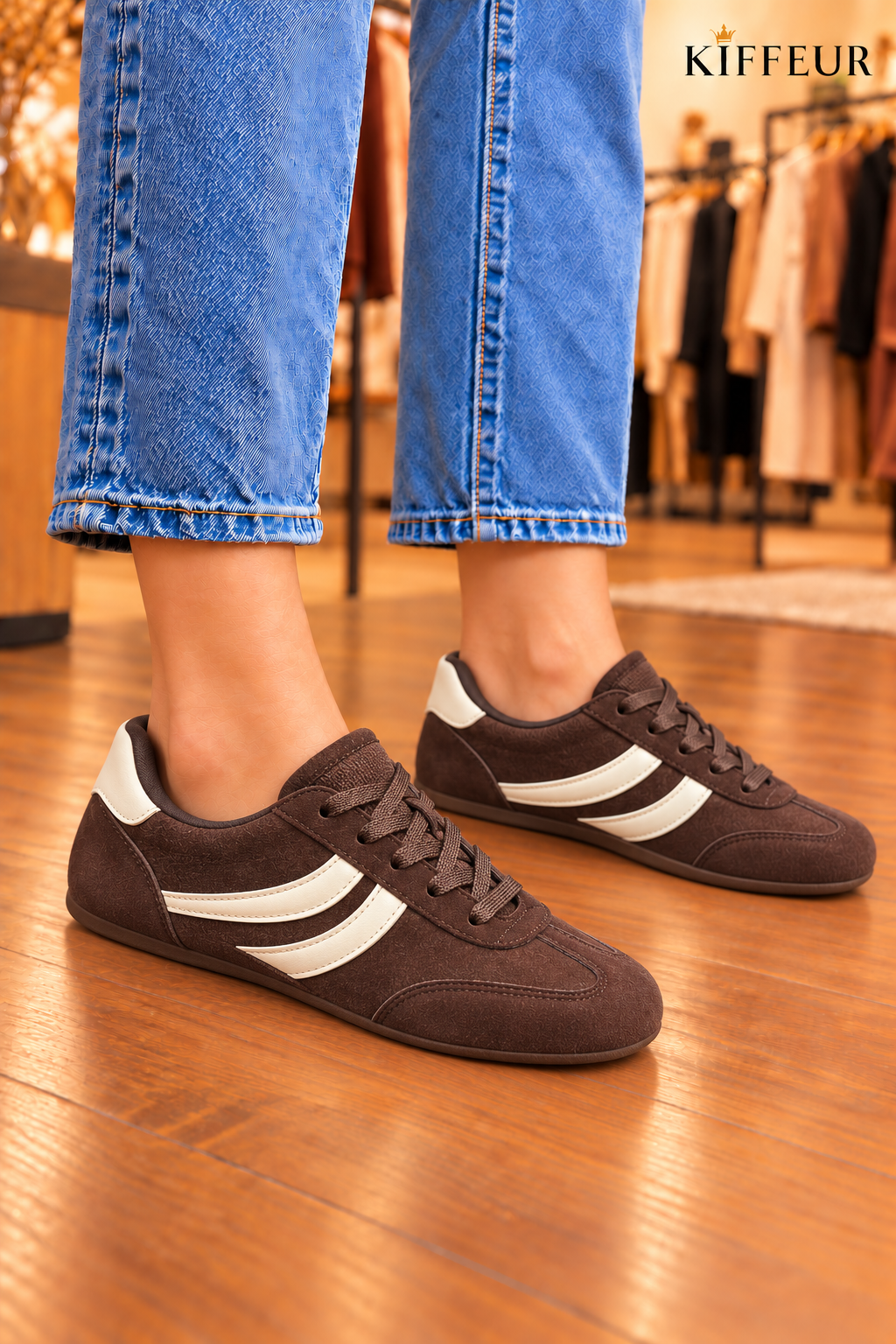 Baskets femme effet suédé marron à deux bandes courbes écrues – KIFFEUR