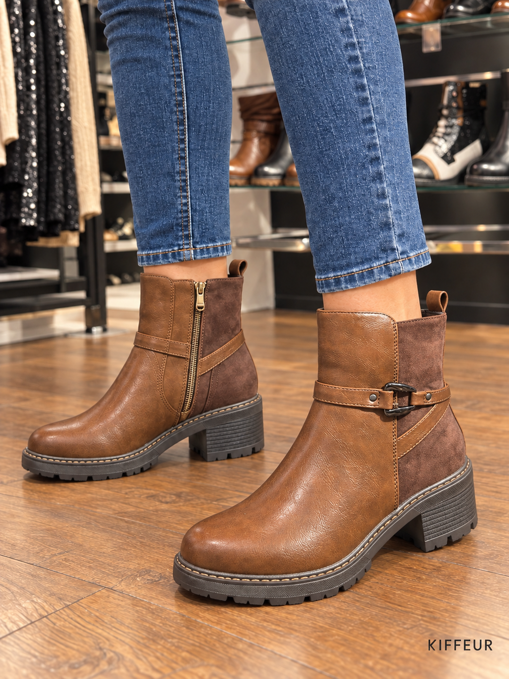 Bottines marron bi-matière à boucle portées KIFFEUR