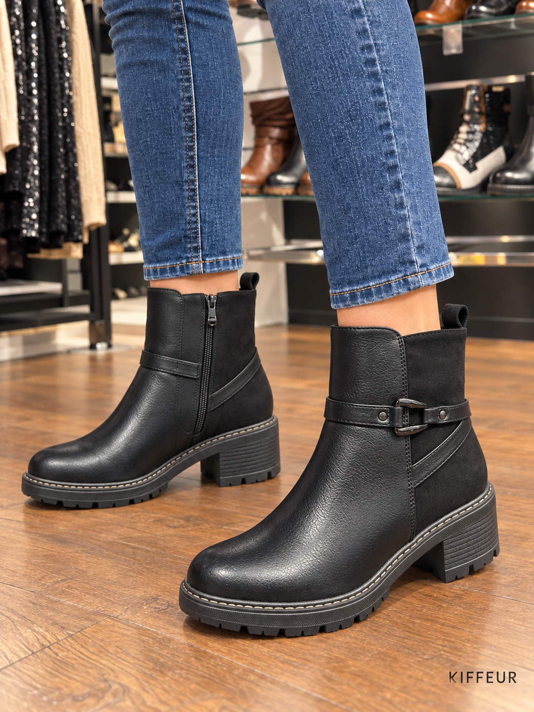 Bottines noires bi-matière à boucle portées KIFFEUR