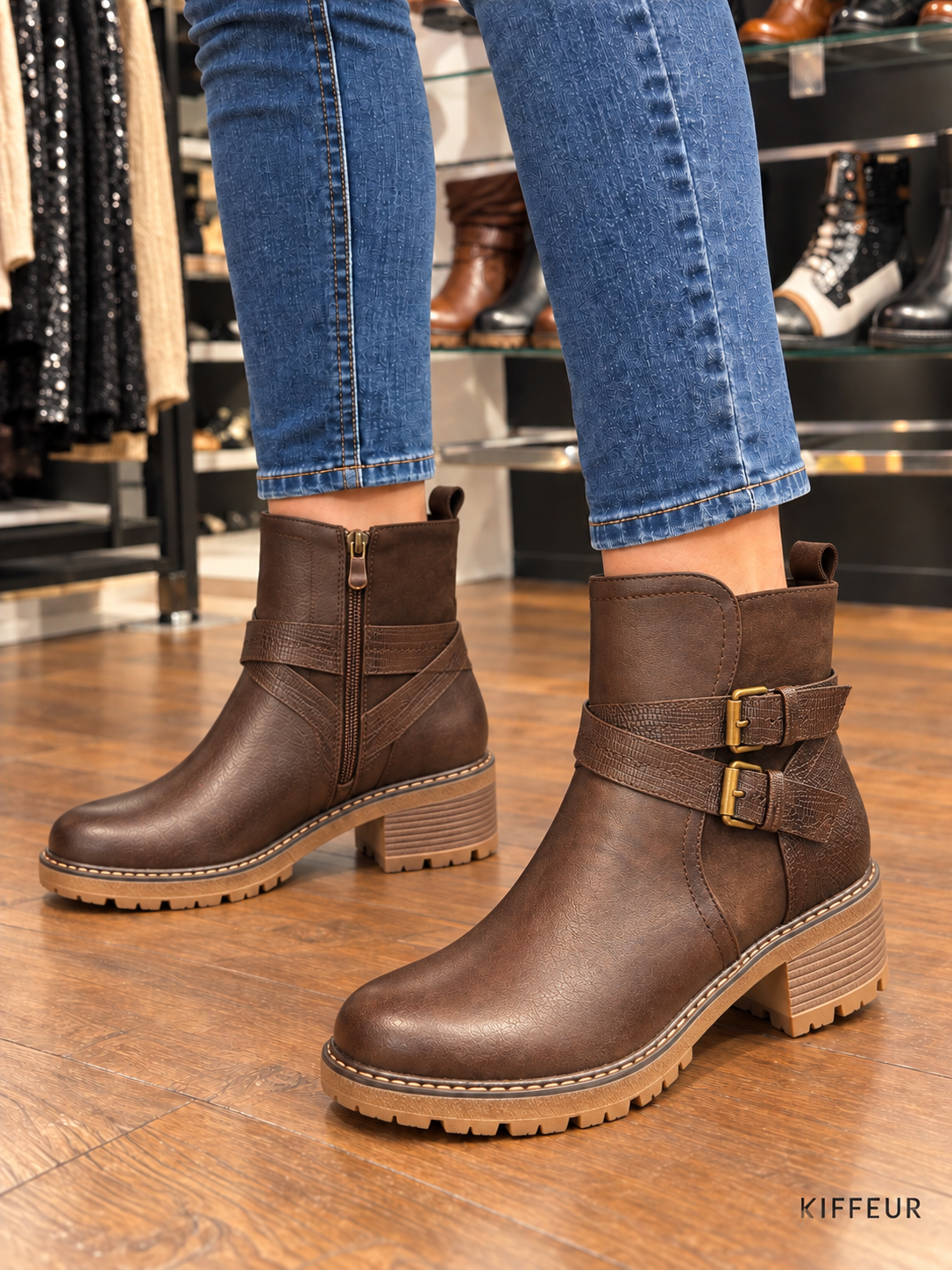 Bottines marron à double boucle dorée et semelle caramel portées KIFFEUR