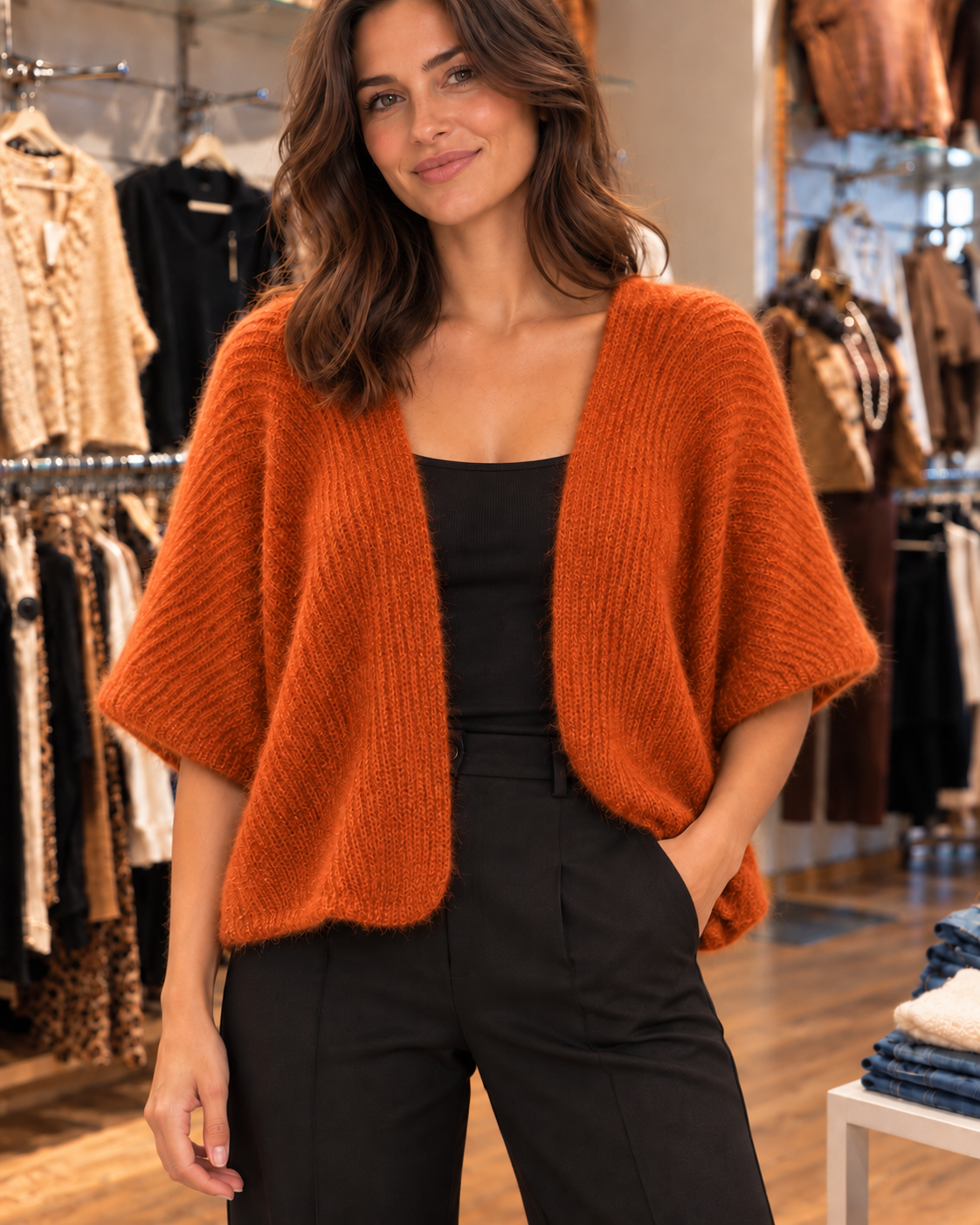 Gilet doux ajouré orange porté dans la boutique KIFFEUR