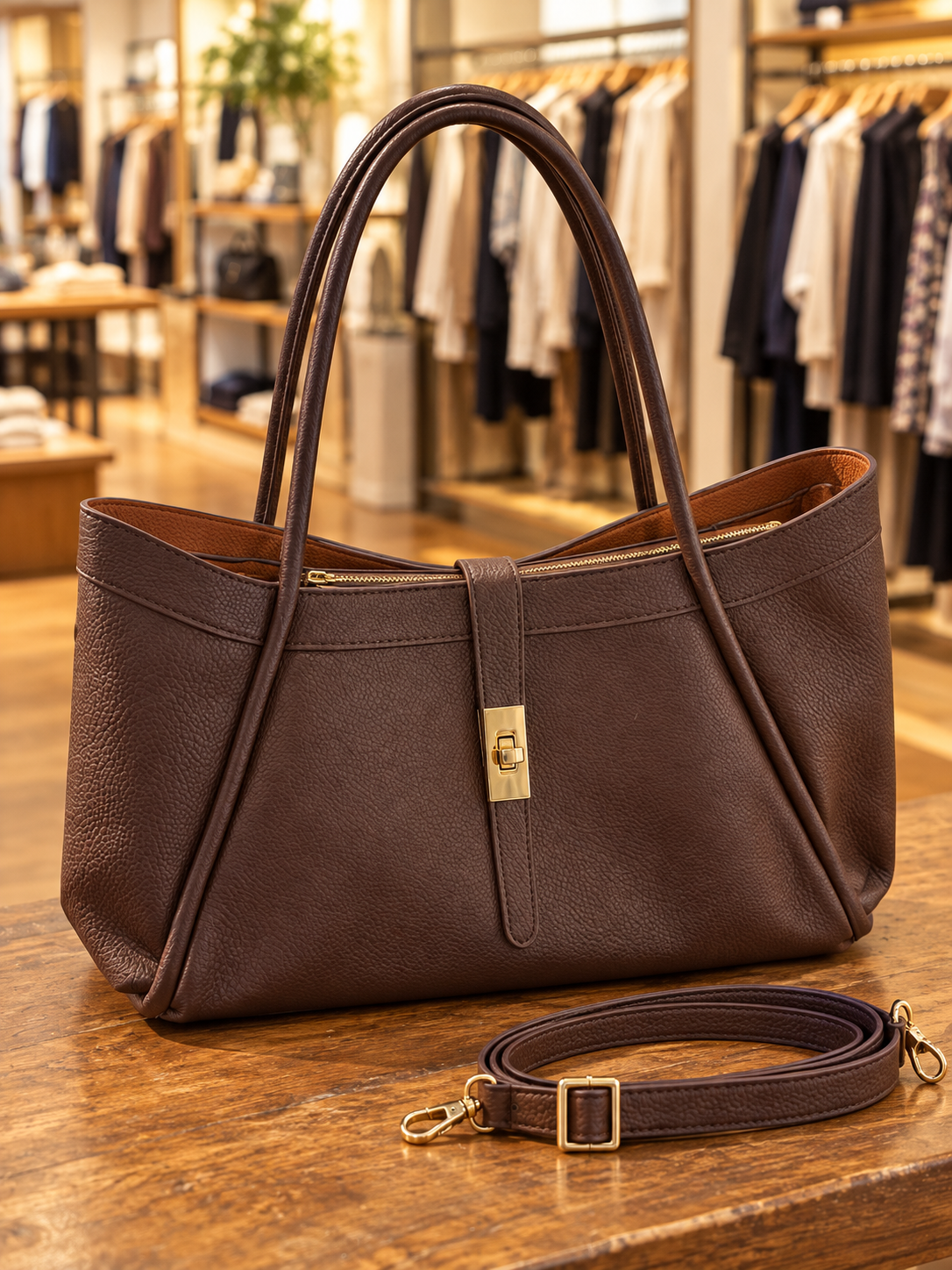 Grand sac cabas marron avec bandoulière et fermoir doré – KIFFEUR