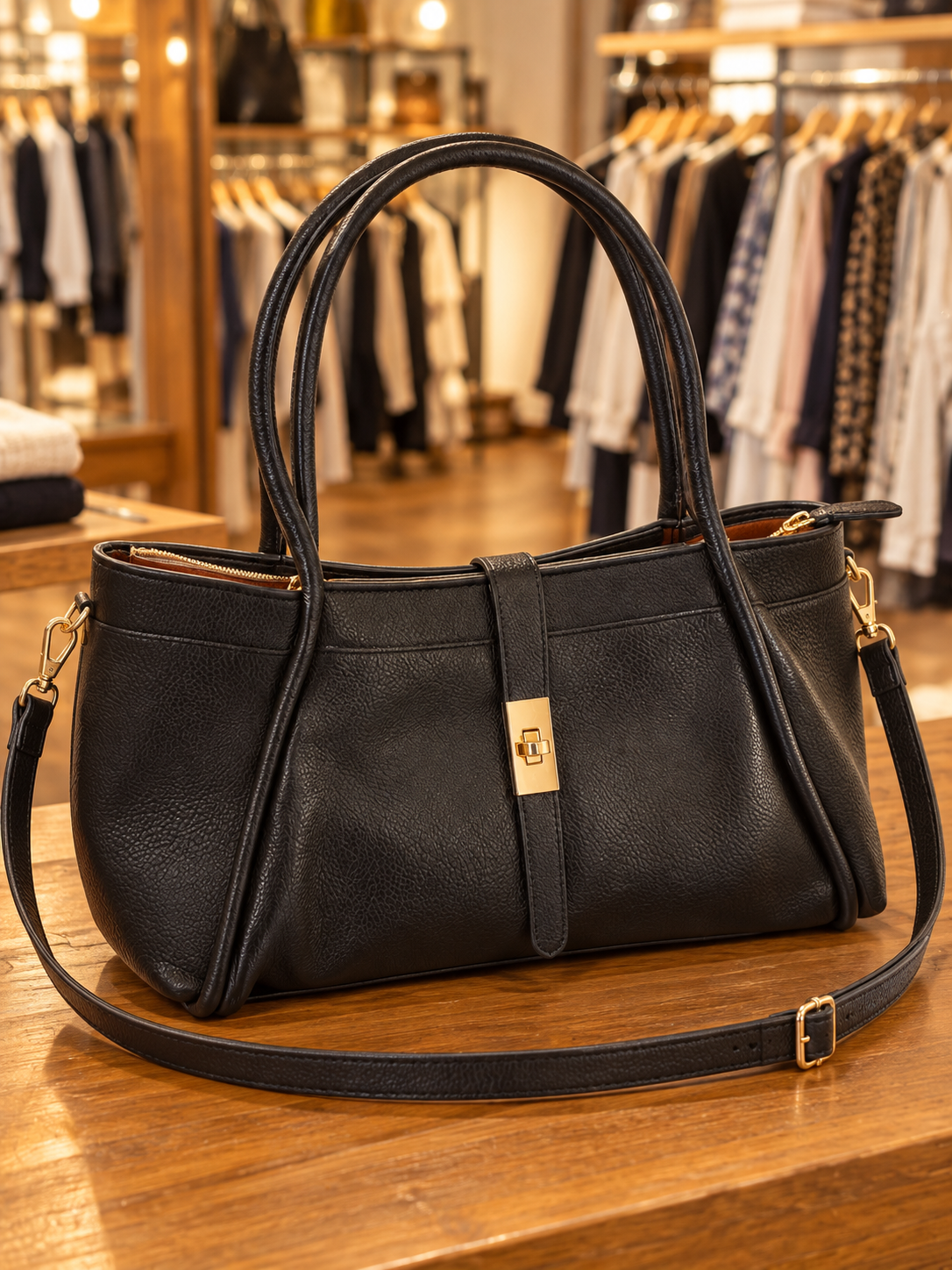Grand sac cabas noir avec bandoulière et fermoir doré – KIFFEUR