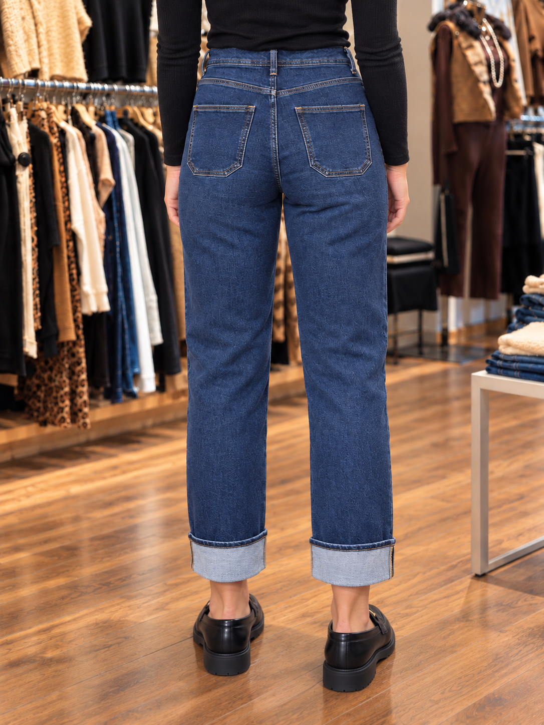 Jean droit bleu à poches plaquées — vue de dos rapprochée en boutique