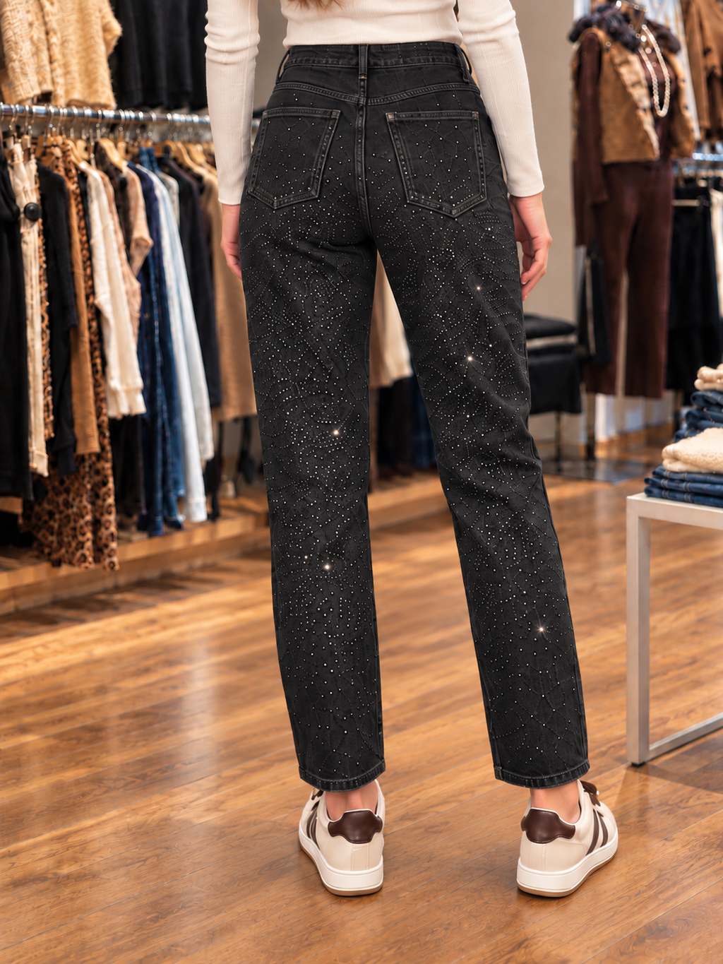 Jean mom à strass – Bleu et Noir — vue rapprochée en boutique — vue de dos rapprochée en boutique