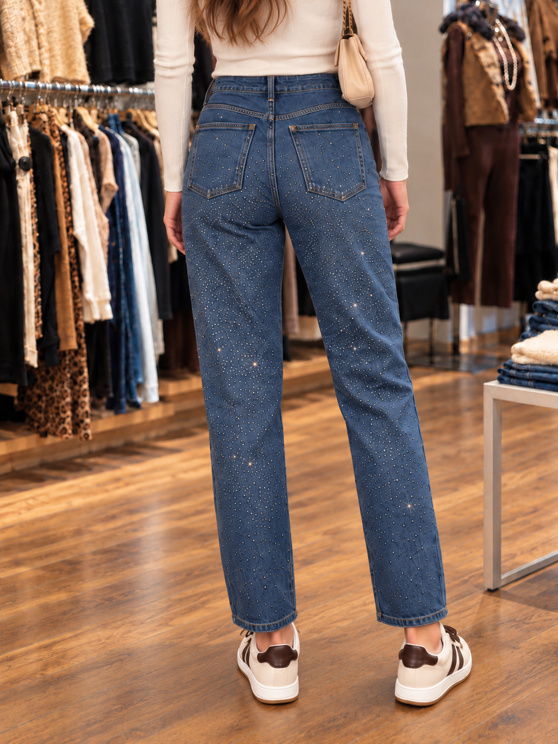 Jean mom à strass – Bleu et Noir — vue rapprochée en boutique — vue de dos rapprochée en boutique