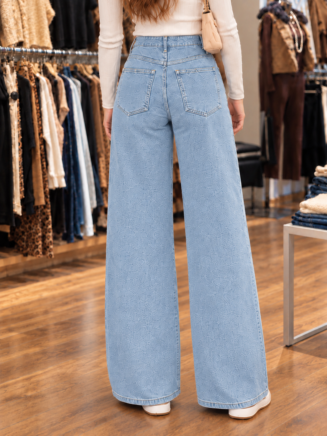 Jean wide leg bleu clair femme taille haute — vue de dos rapprochée en boutique