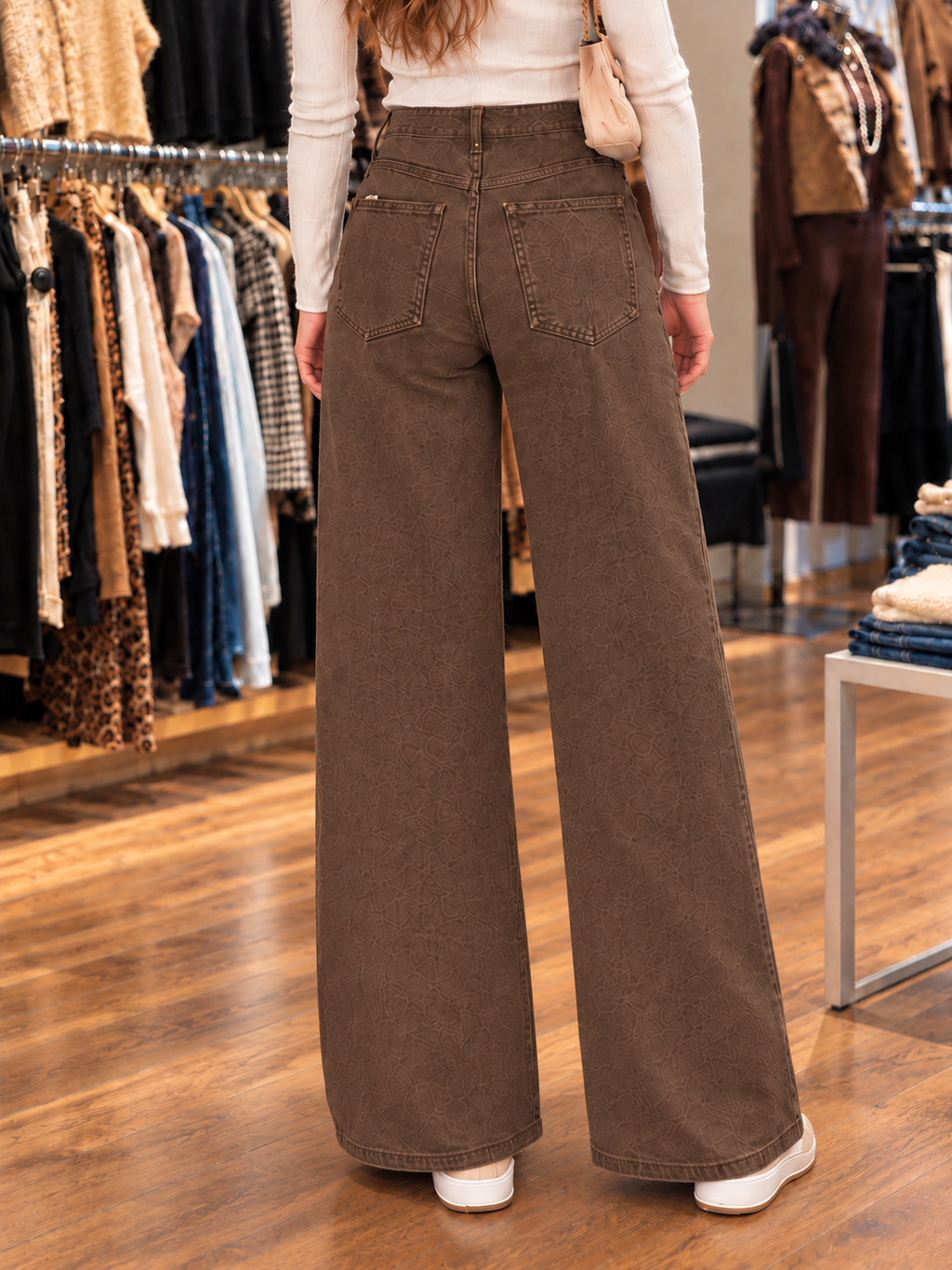 Jean wide leg marron femme taille haute — vue de dos rapprochée en boutique