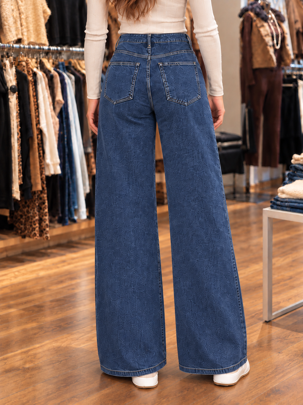 Jean wide leg bleu foncé femme taille haute — vue de dos rapprochée en boutique