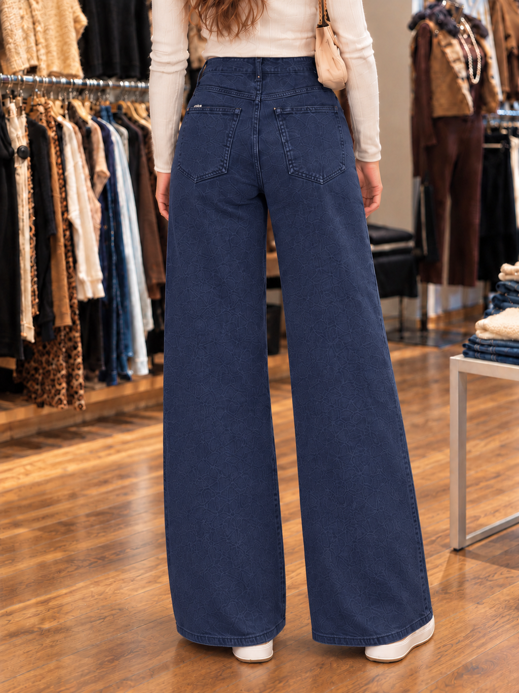 Jean wide leg bleu marine femme taille haute — vue de dos rapprochée en boutique