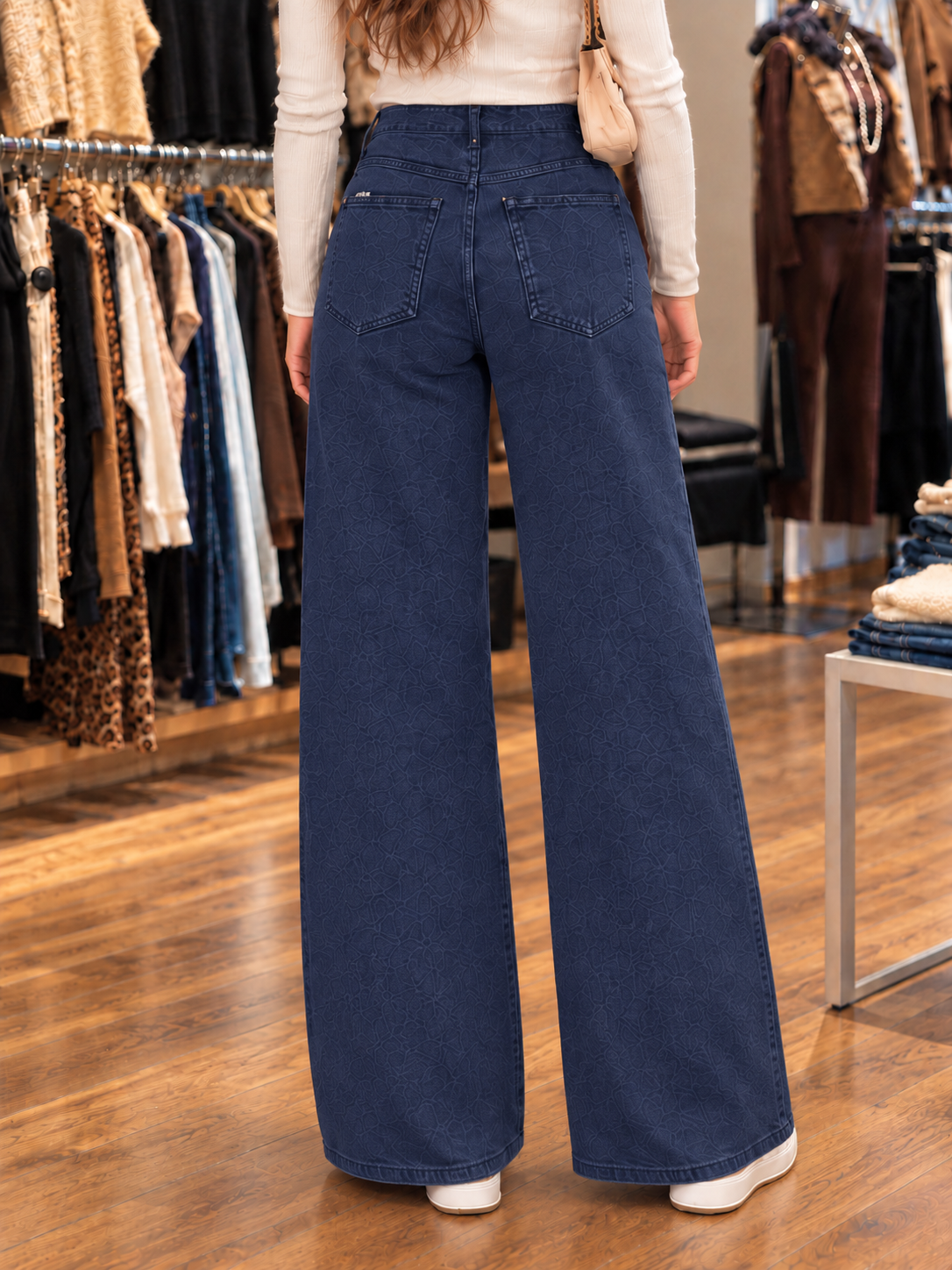 Jean wide leg bleu marine femme taille haute — vue de dos rapprochée en boutique