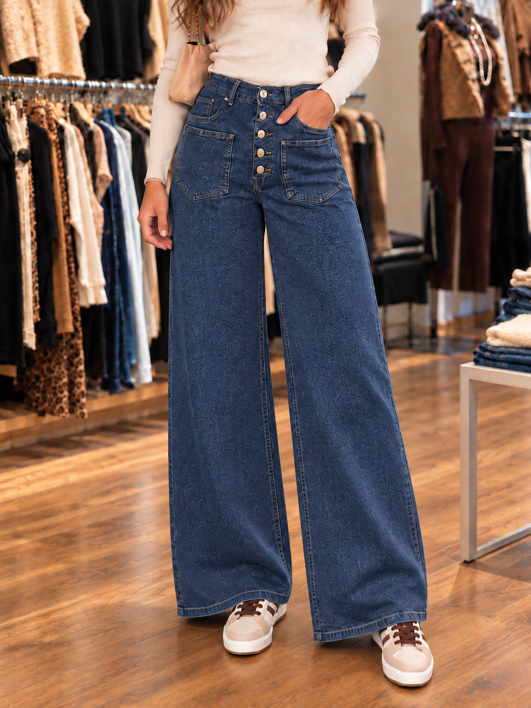 Jean wide leg bleu foncé femme taille haute — cadrage rapproché en boutique