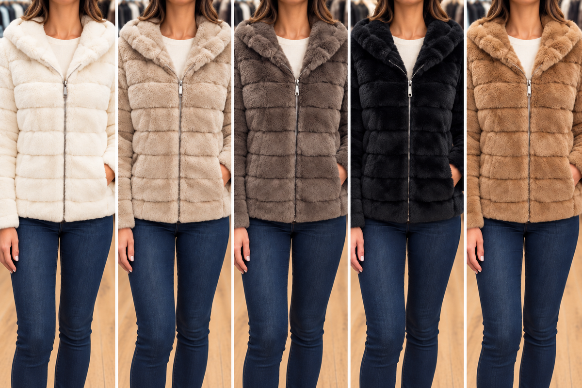 Veste courte à capuche effet fourrure en blanc, beige, marron, noir et camel