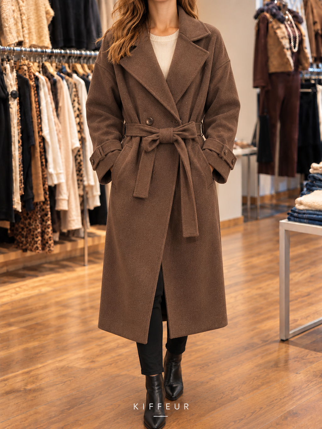 Manteau long ceinturé marron porté en boutique, vue de face