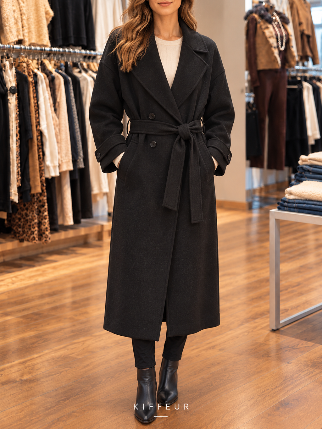 Manteau long ceinturé noir porté en boutique, vue de face