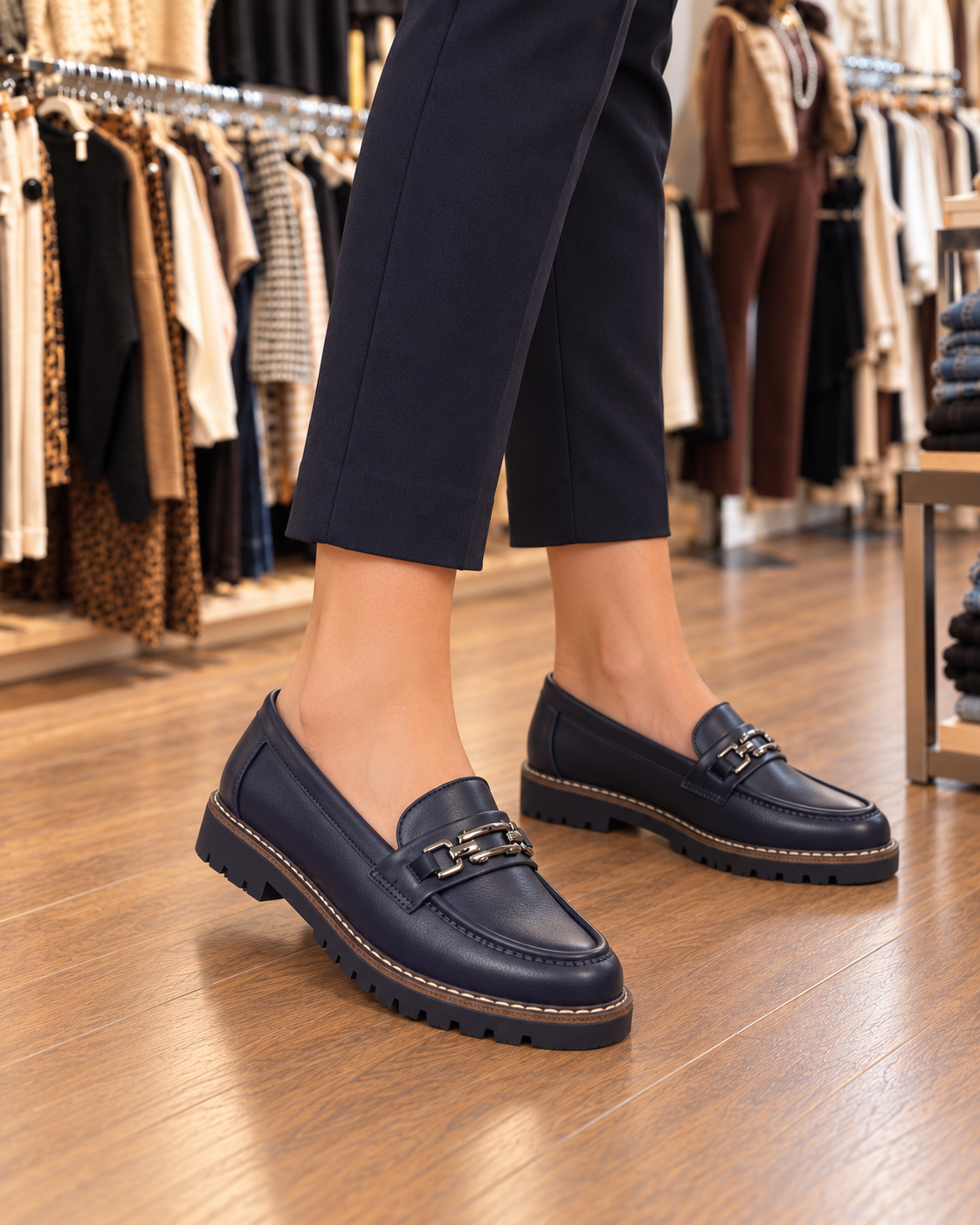 Mocassins femme à semelle crantée bleu marine avec détail métallique – KIFFEUR