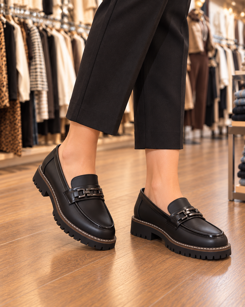 Mocassins femme à semelle crantée noirs avec détail métallique – KIFFEUR