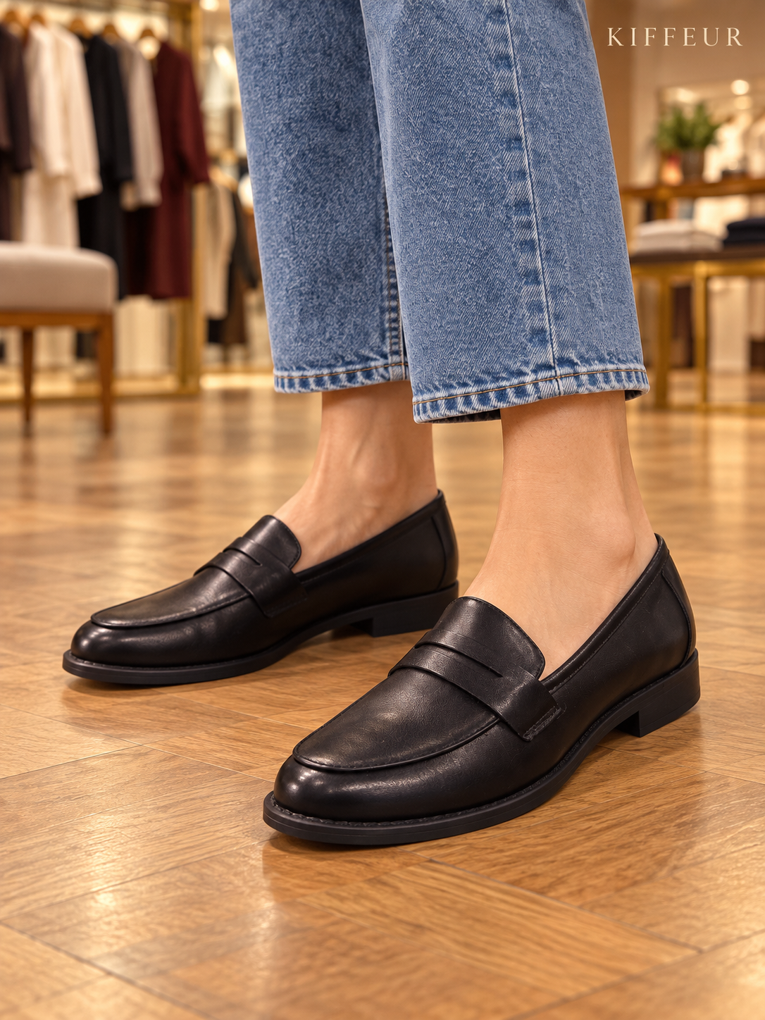 Mocassins noirs lisses à bande large et petit talon, portés avec un jean chez KIFFEUR