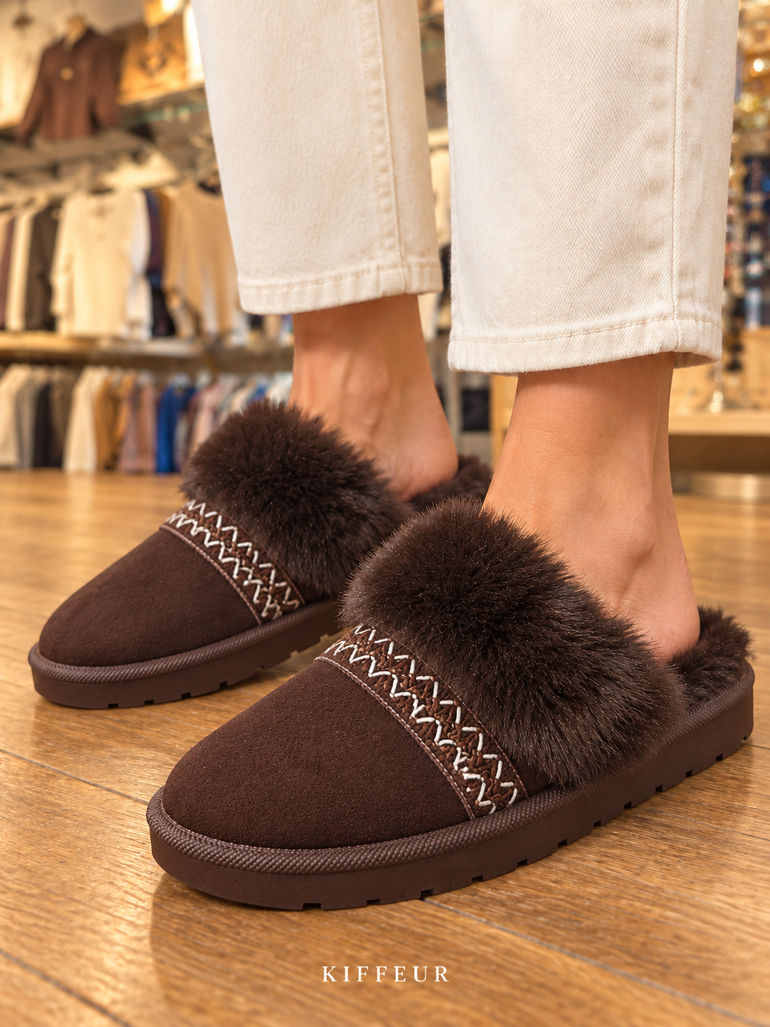 Mules fourrées marron à bord brodé portées – KIFFEUR