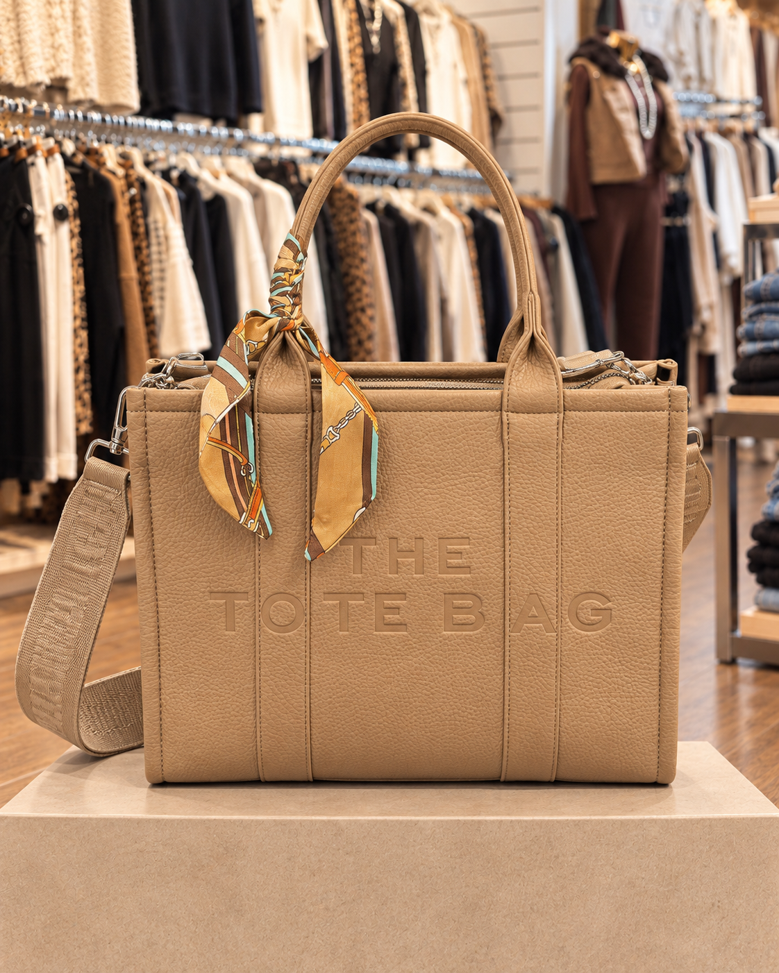 Sac cabas beige grainé avec bandoulière et foulard