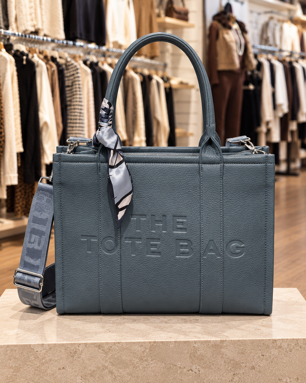 Sac cabas bleu gris grainé avec bandoulière et foulard