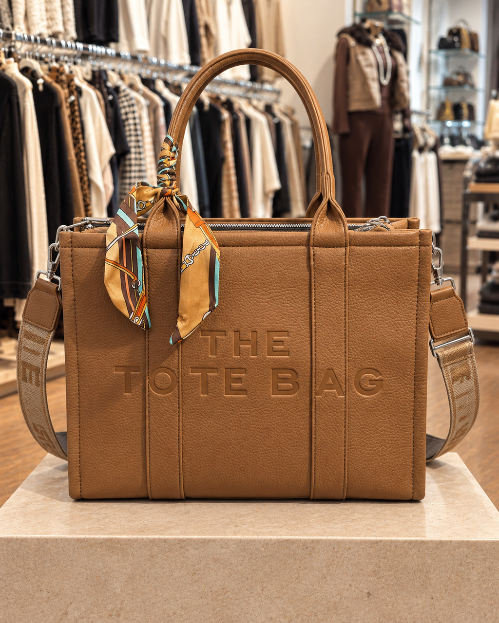 Sac cabas marron grainé avec bandoulière et foulard