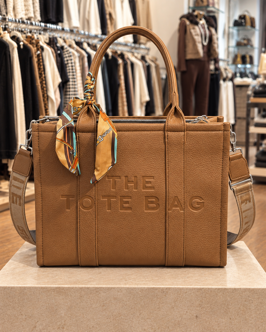 Sac cabas marron grainé avec bandoulière et foulard