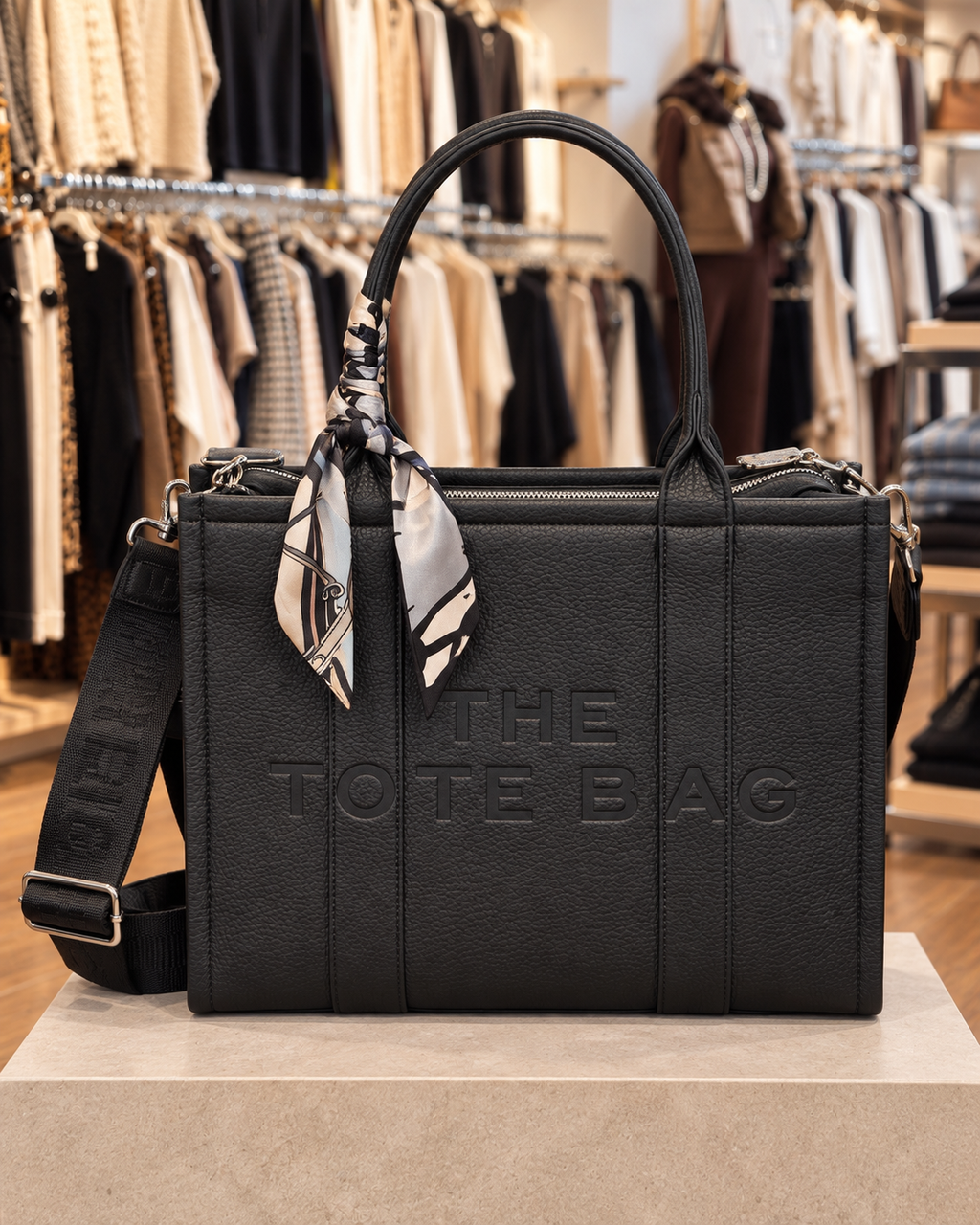 Sac cabas noir grainé avec bandoulière et foulard