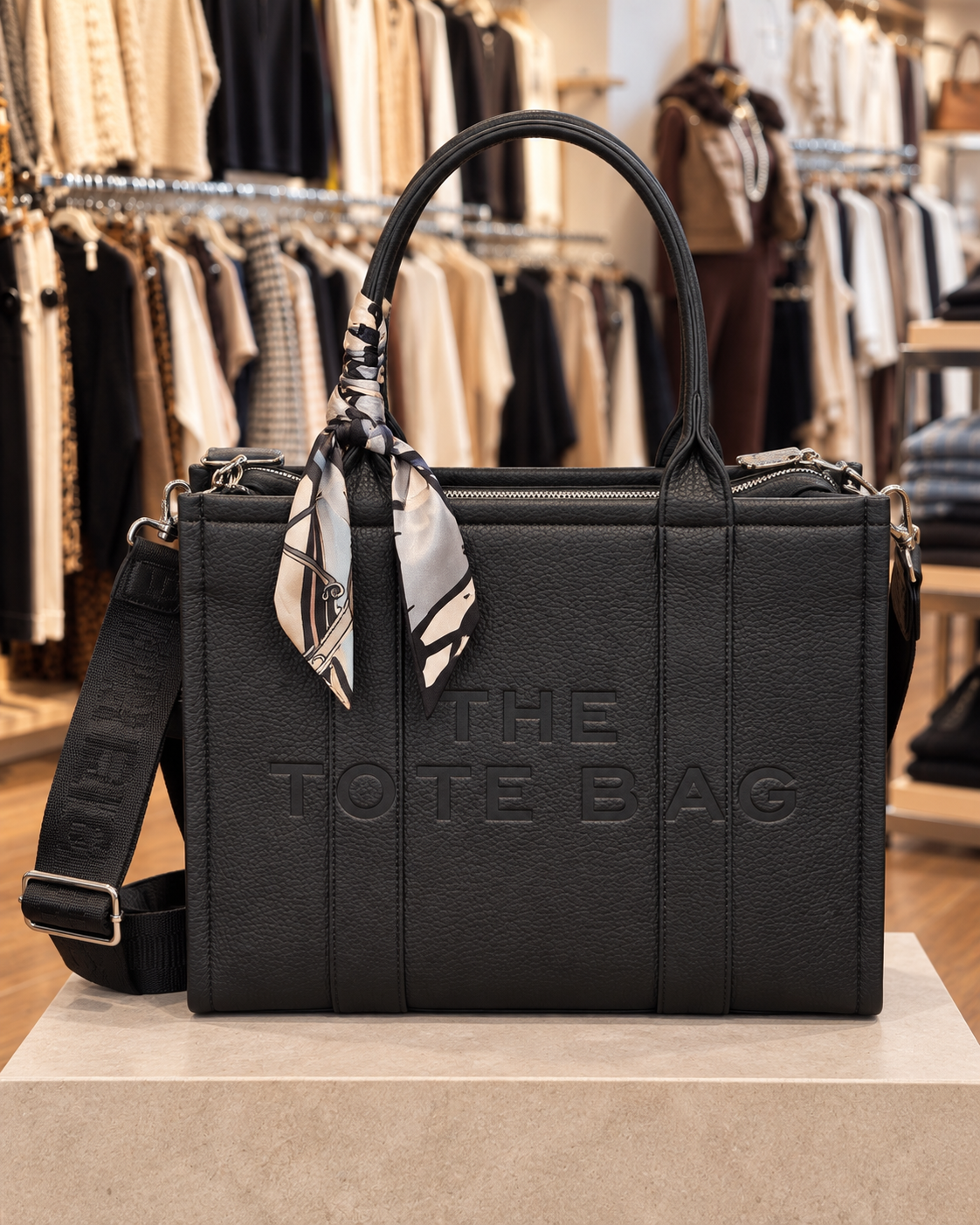 Sac cabas noir grainé avec bandoulière et foulard