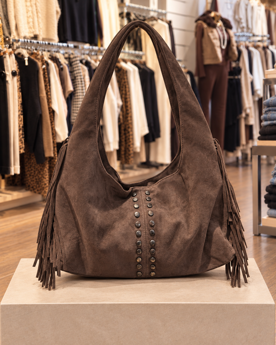 Sac hobo marron effet suédine à franges et doubles rangées de clous