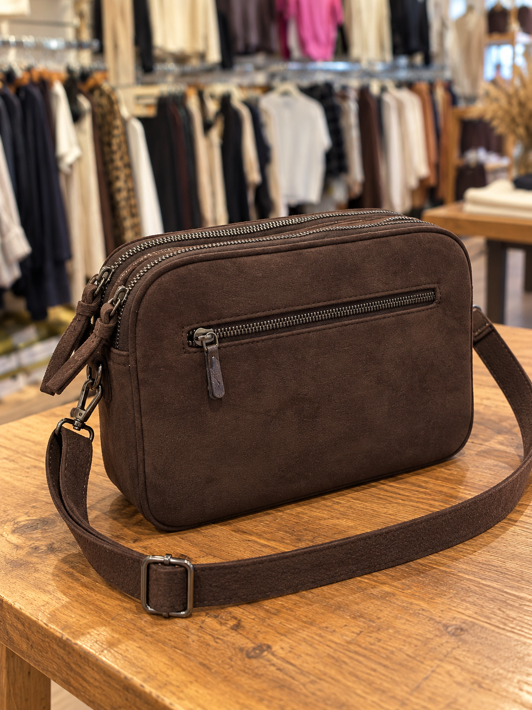Dos du sac bandoulière marron chocolat avec poche zippée – KIFFEUR