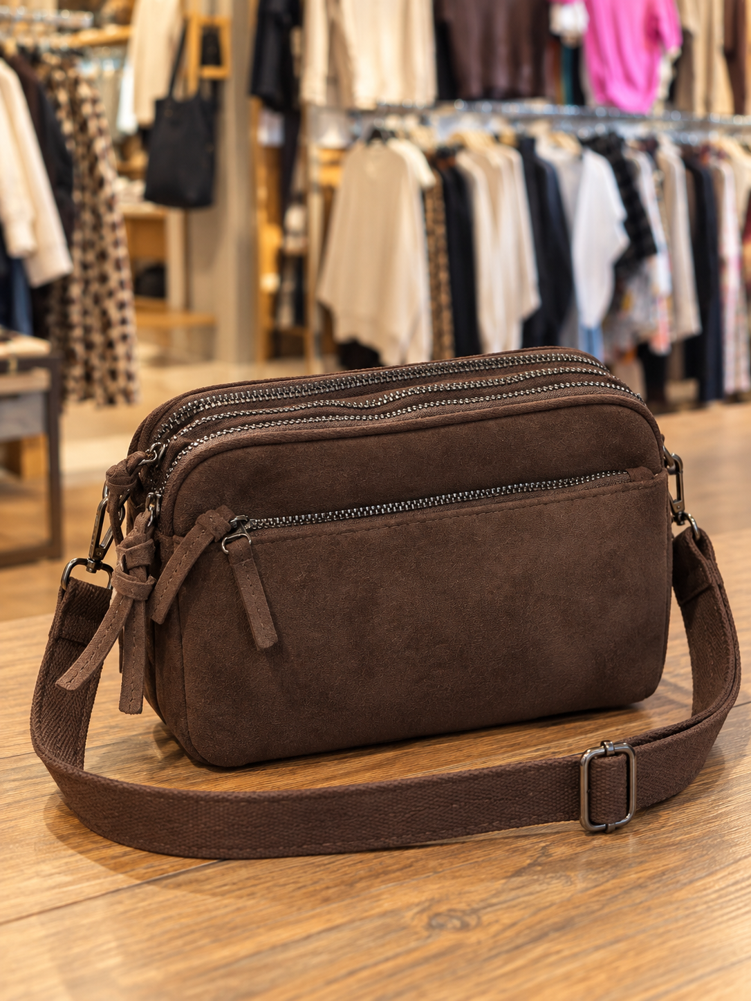 Sac bandoulière femme marron chocolat multipoches effet suédine – KIFFEUR