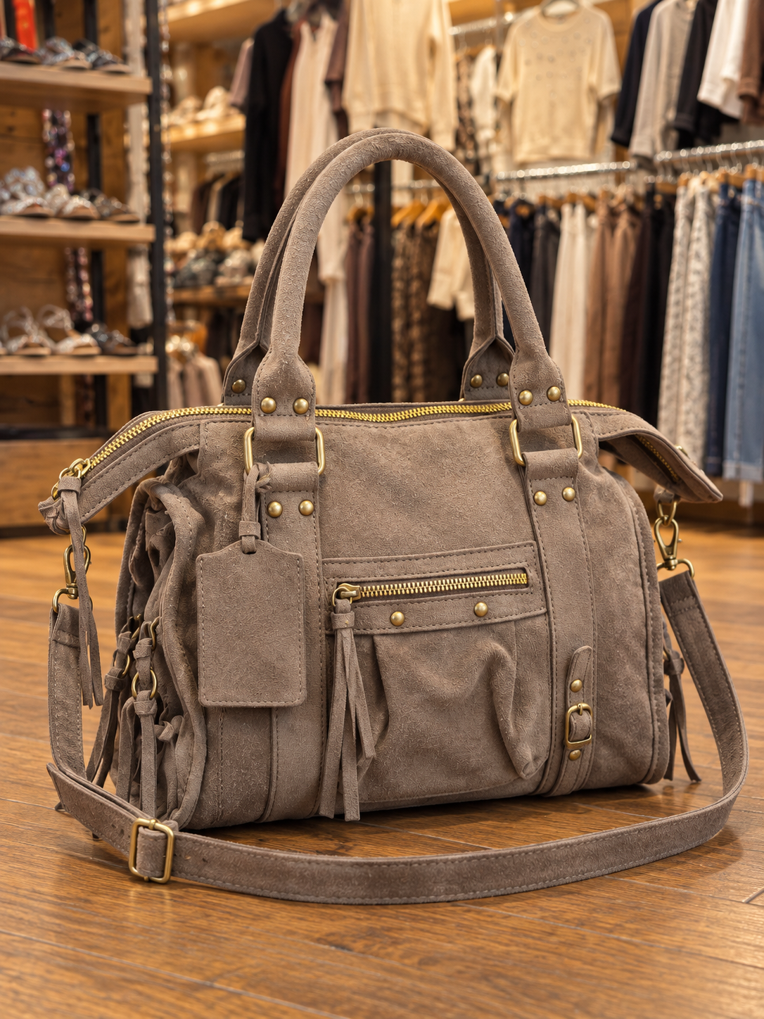 Sac à main effet suédine taupe avec bandoulière – KIFFEUR