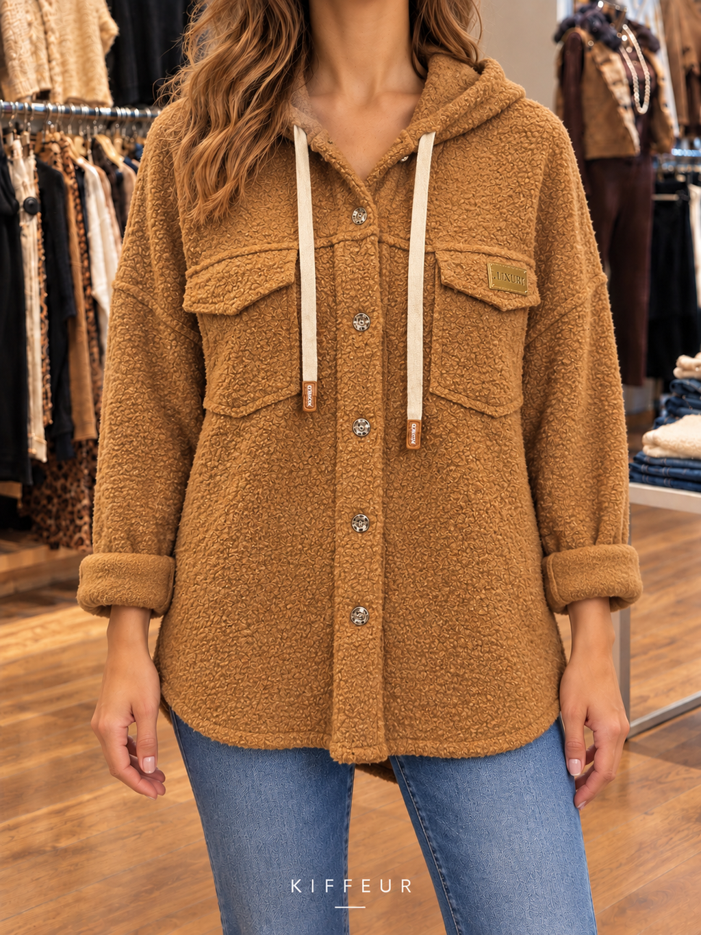 Veste bouclée à capuche camel portée en boutique KIFFEUR