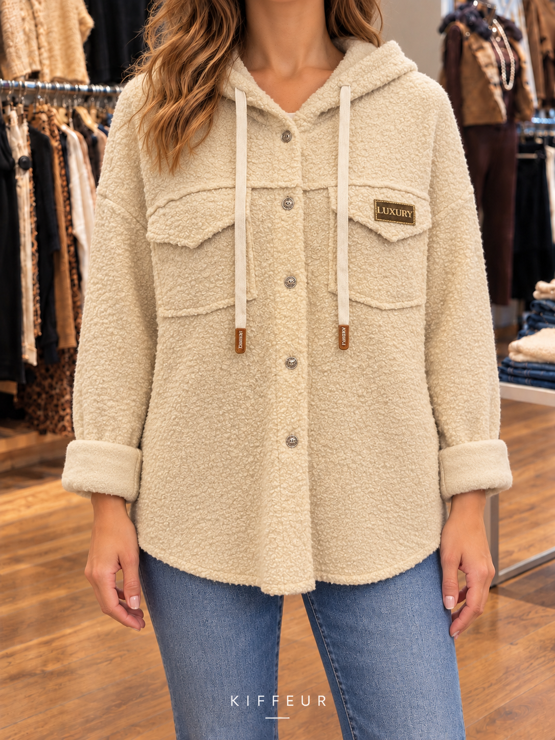 Veste bouclée à capuche écrue portée en boutique KIFFEUR