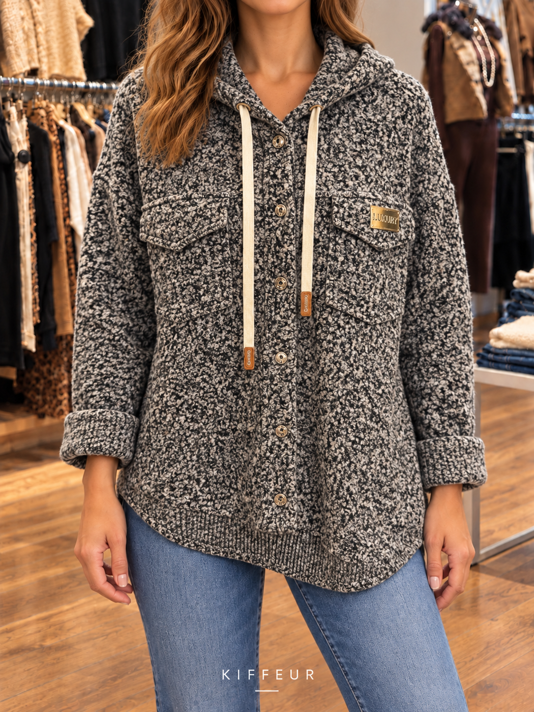 Veste bouclée à capuche Gris chiné portée en boutique KIFFEUR