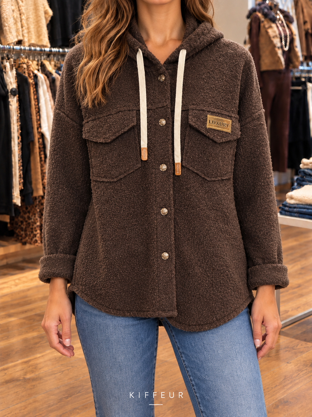 Veste bouclée à capuche Marron portée en boutique KIFFEUR