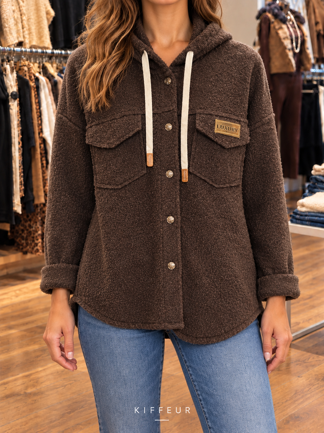 Veste bouclée à capuche Marron portée en boutique KIFFEUR