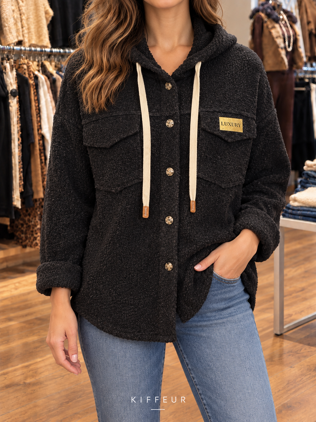Veste bouclée à capuche noire portée en boutique KIFFEUR