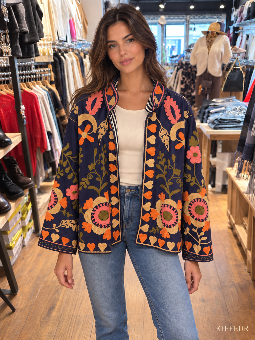 Veste bleu marine à broderies fleuries multicolores portée chez KIFFEUR