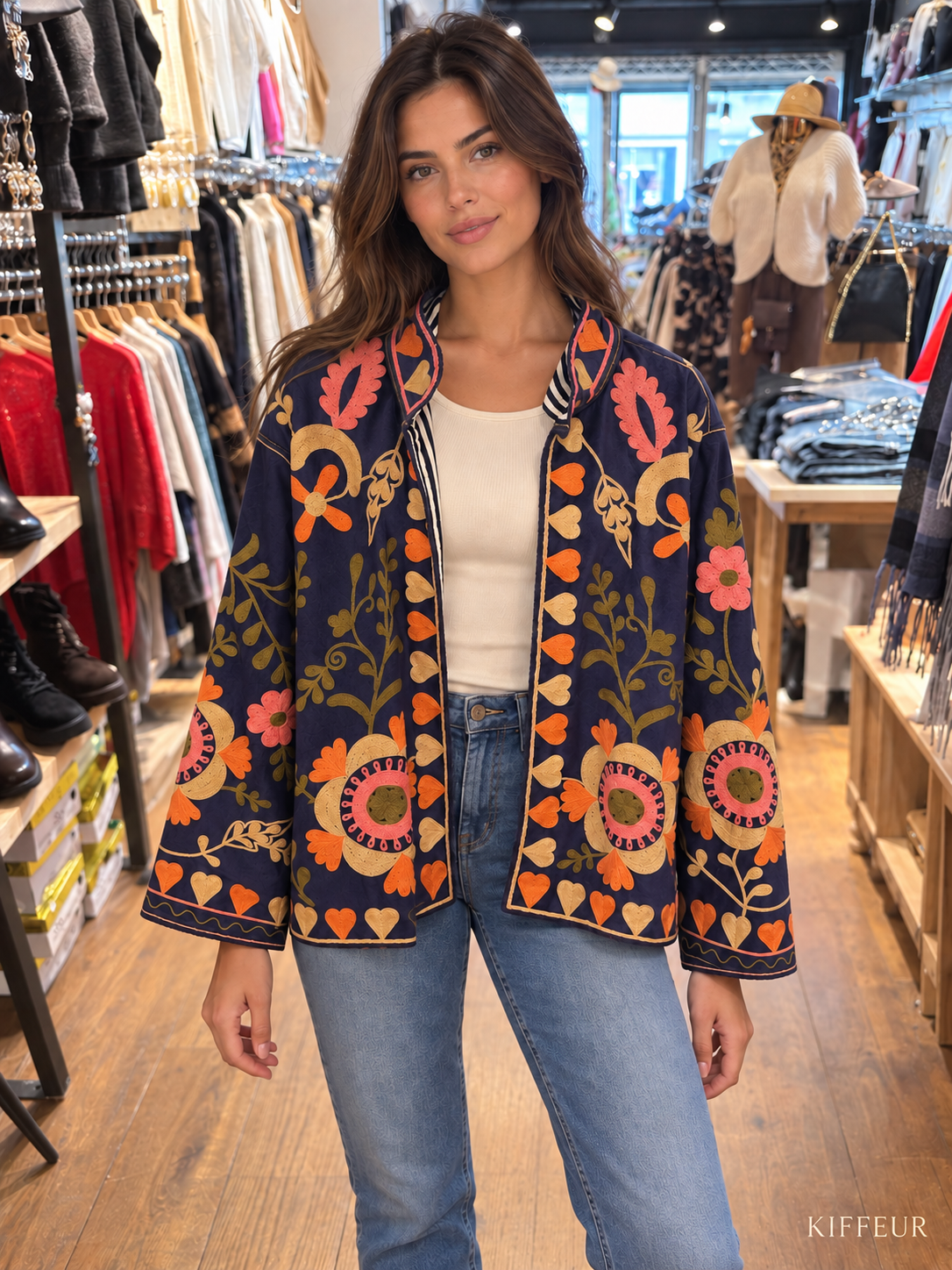 Veste bleu marine à broderies fleuries multicolores portée chez KIFFEUR