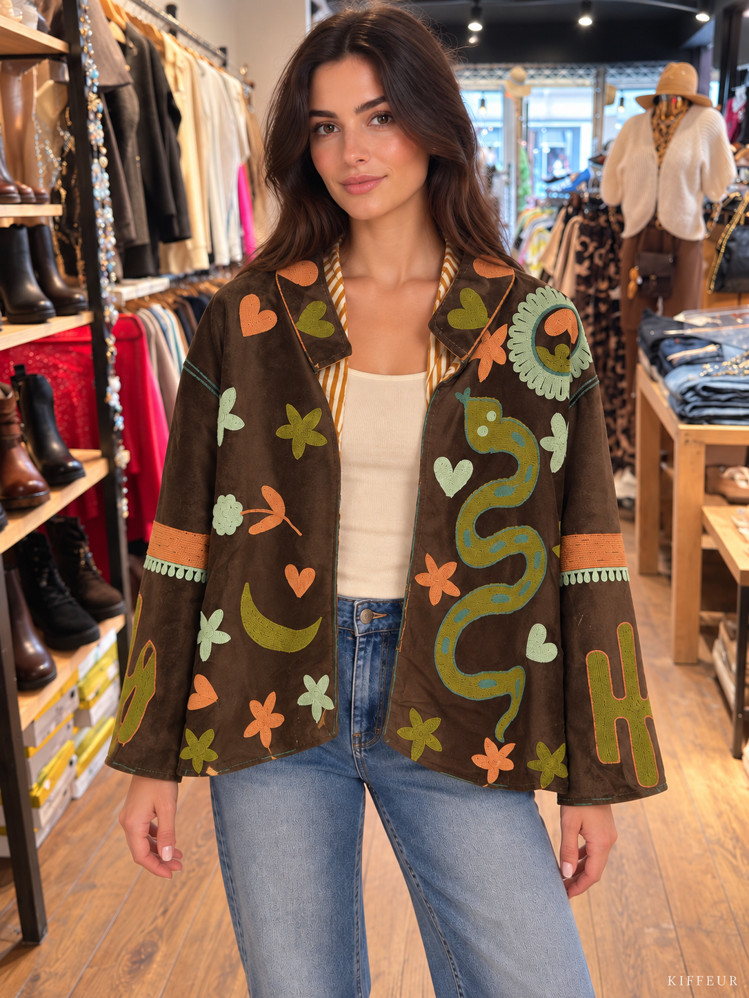 Veste marron à broderies multicolores et motif serpent portée chez KIFFEUR