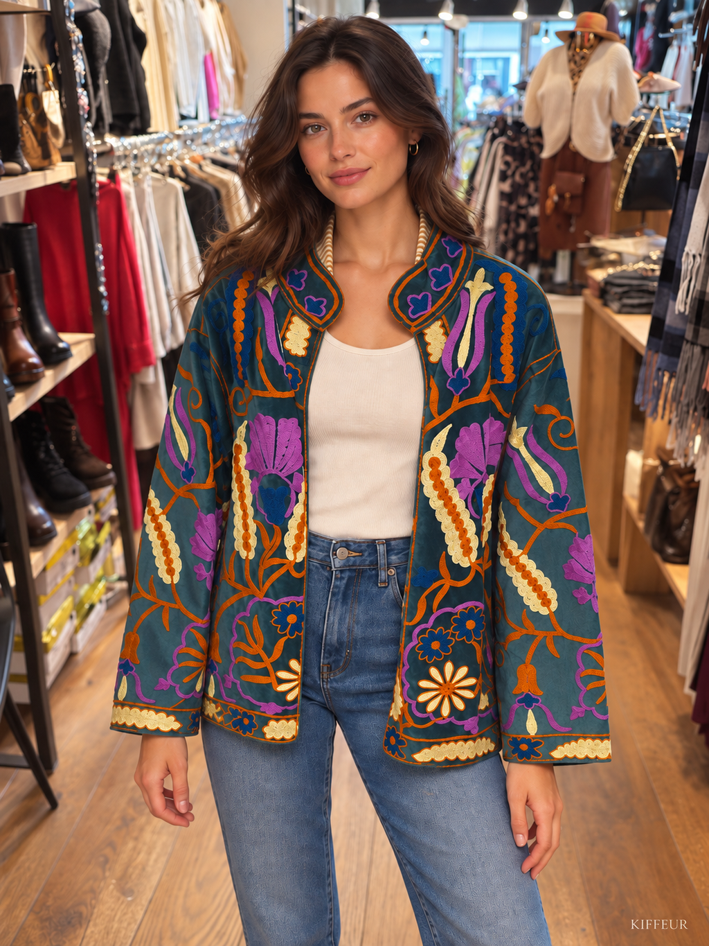 Veste vert pétrole à broderies fleuries multicolores portée chez KIFFEUR