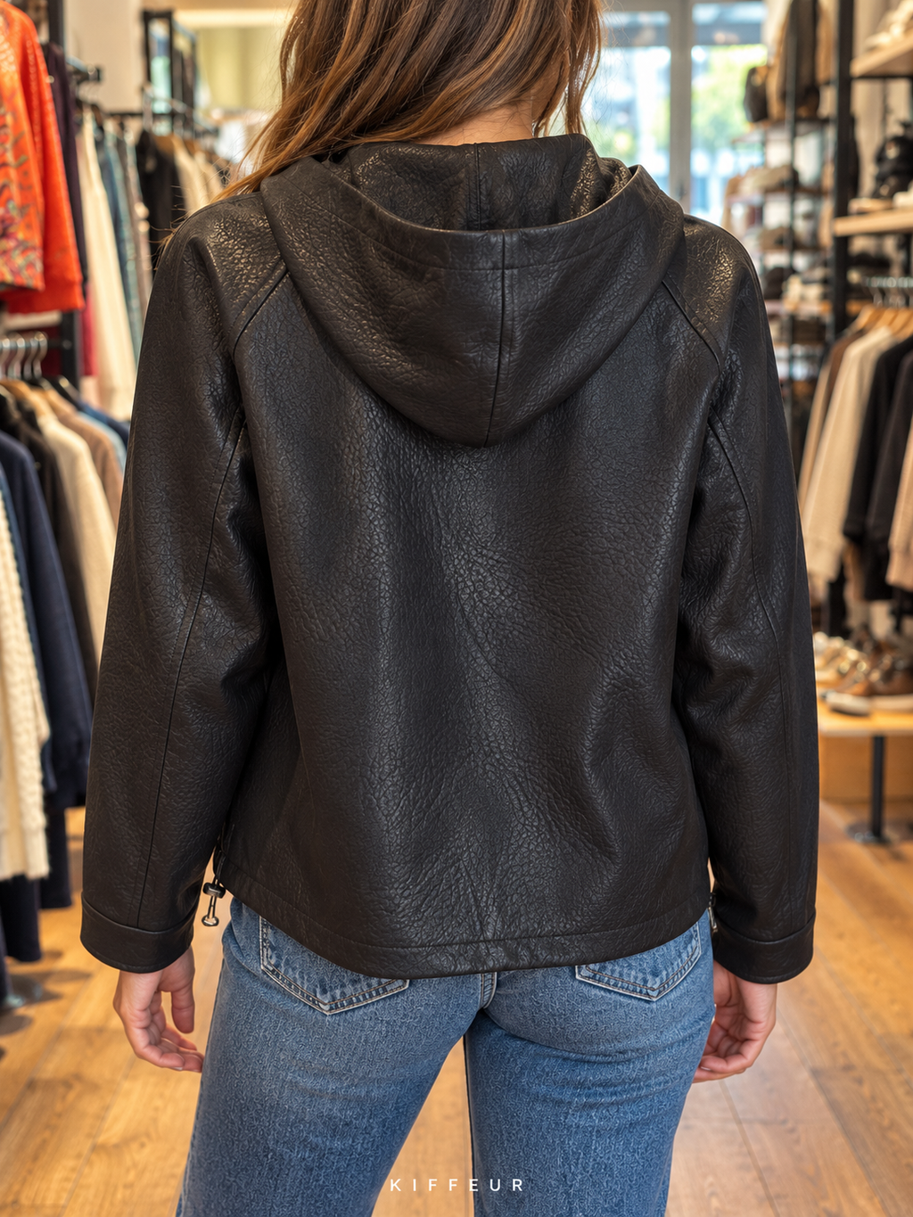 Veste noire à capuche effet cuir grainé, portée de dos en boutique KIFFEUR