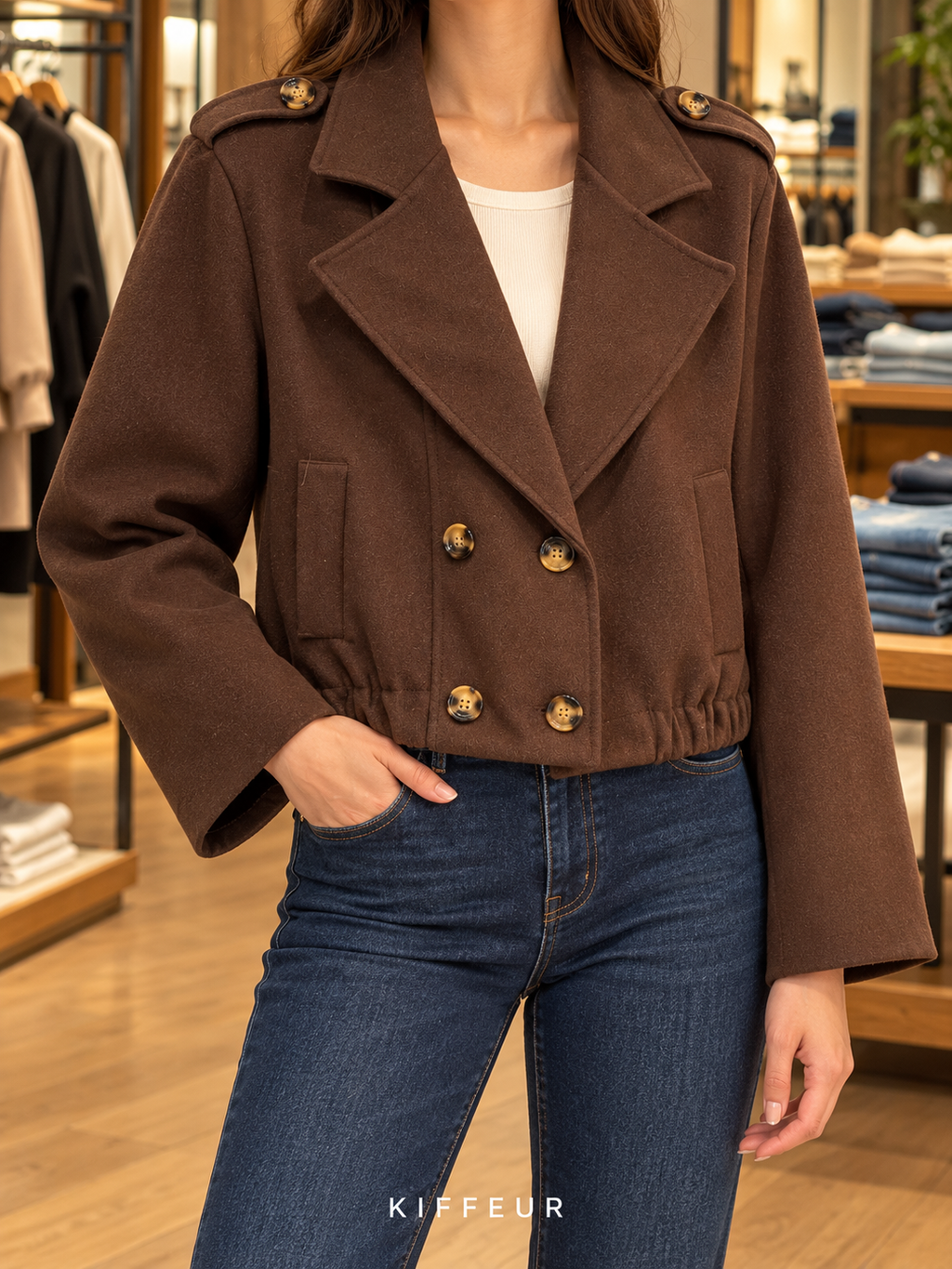 Veste courte à bas élastiqué portée – Marron